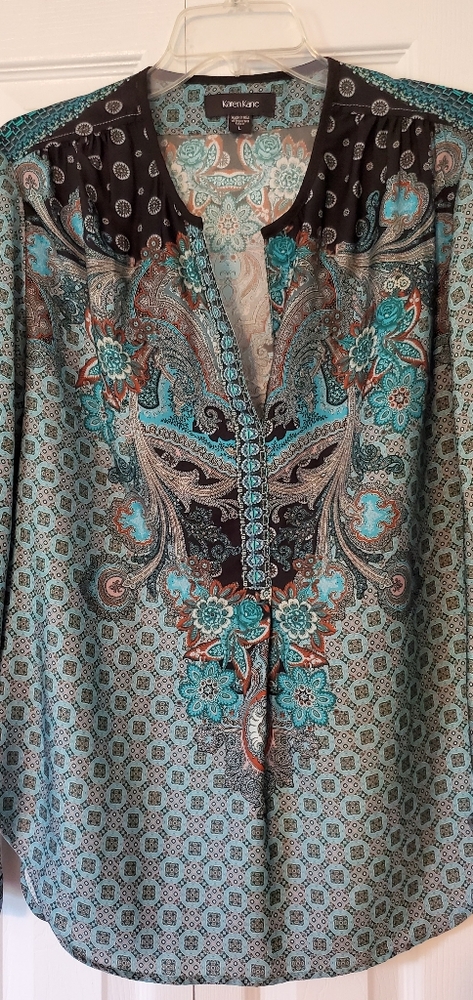 Karen Kane Blouse Teal/Black/Beige